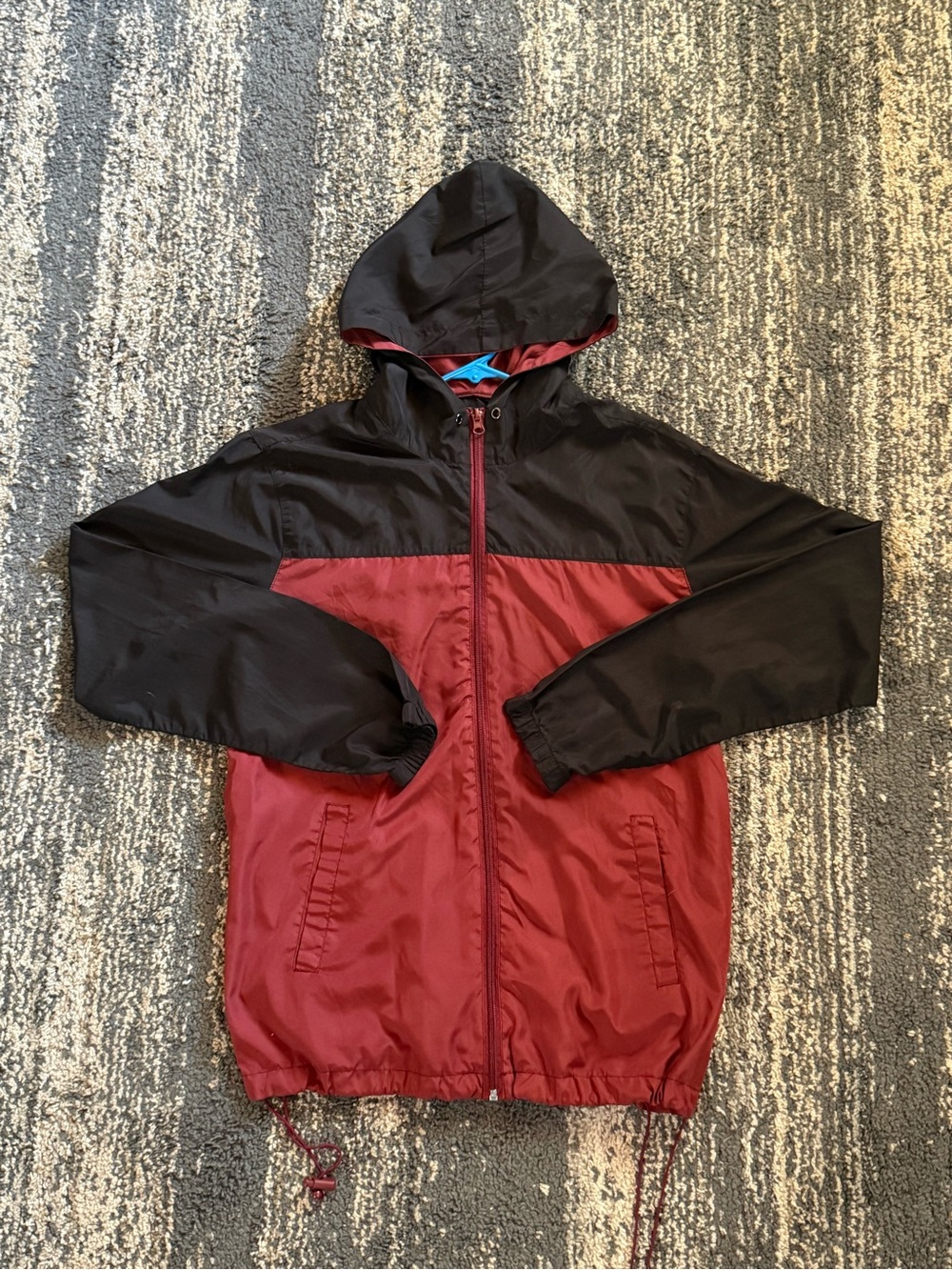 Men's Two-Tone Hooded Windbreaker Jacket in Black and Burgundy